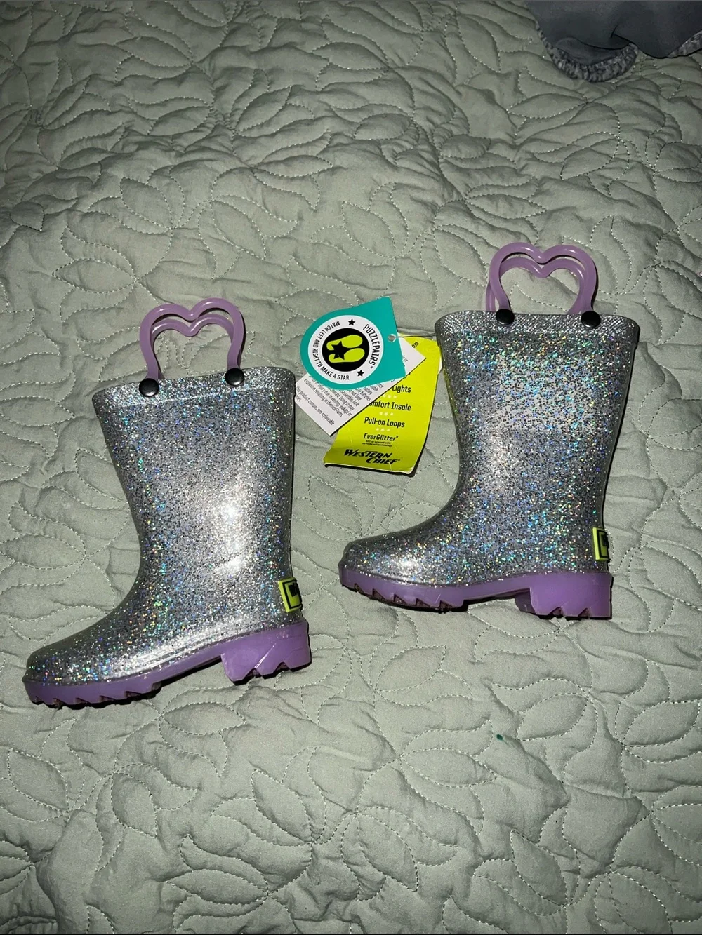Western Chief Silver Glitter Kids Rain Boots with Purple Heart Handles